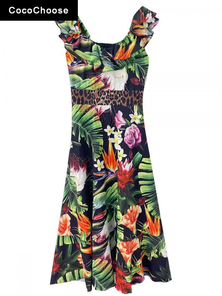 

Floral Leopard Print Women Sexy Dresses Summer 2022 Fashion Designer Ruffle Slash Neck Sleeveless A-line Midi Dress Beach Party