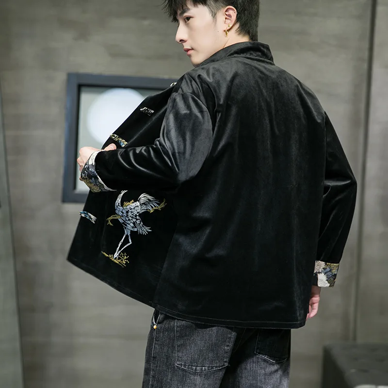 Chinese Style Men Tang Suit Embroidery Crane Hanfu Shirts Large Size Loose Corduroy Kimono Robe  Mandarin Collar Home Coat