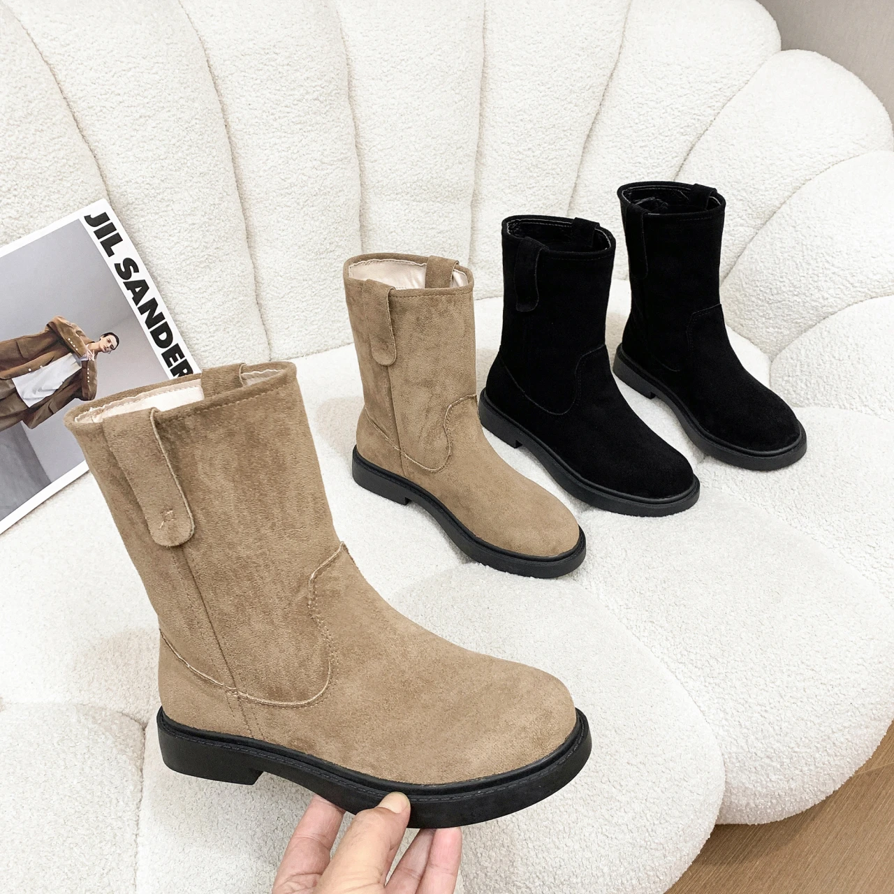 

Женские ботильоны из флока, с круглым носком, на толстом высоком каблуке