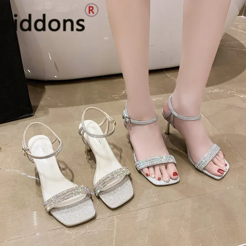Roman One-word Buckle Square Head Open Toe Sandals Women's 2023 Summer New Sexy Rhinester High Heels Stiletto