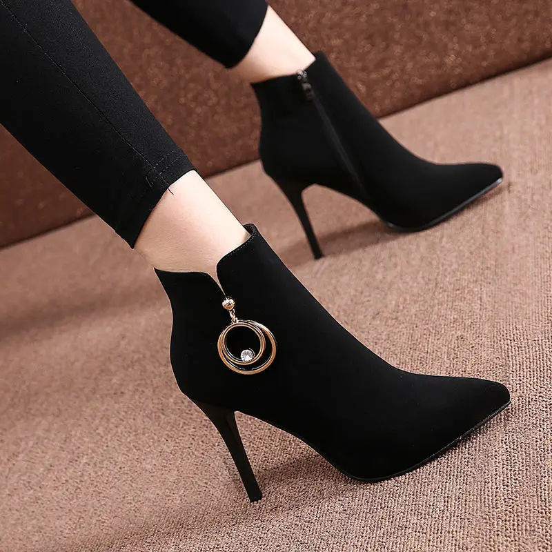 

Autumn Winter New High Heels Shoes Temperament Suede Pointed Toe Stiletto High Heels Short Boot Fashion Female Ankle Boots Pumps