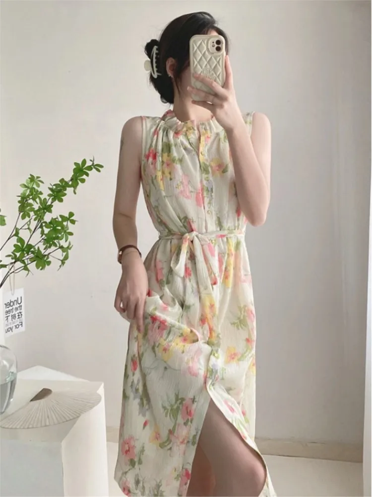 

Женское шифоновое платье-макси с принтом в виде лотоса