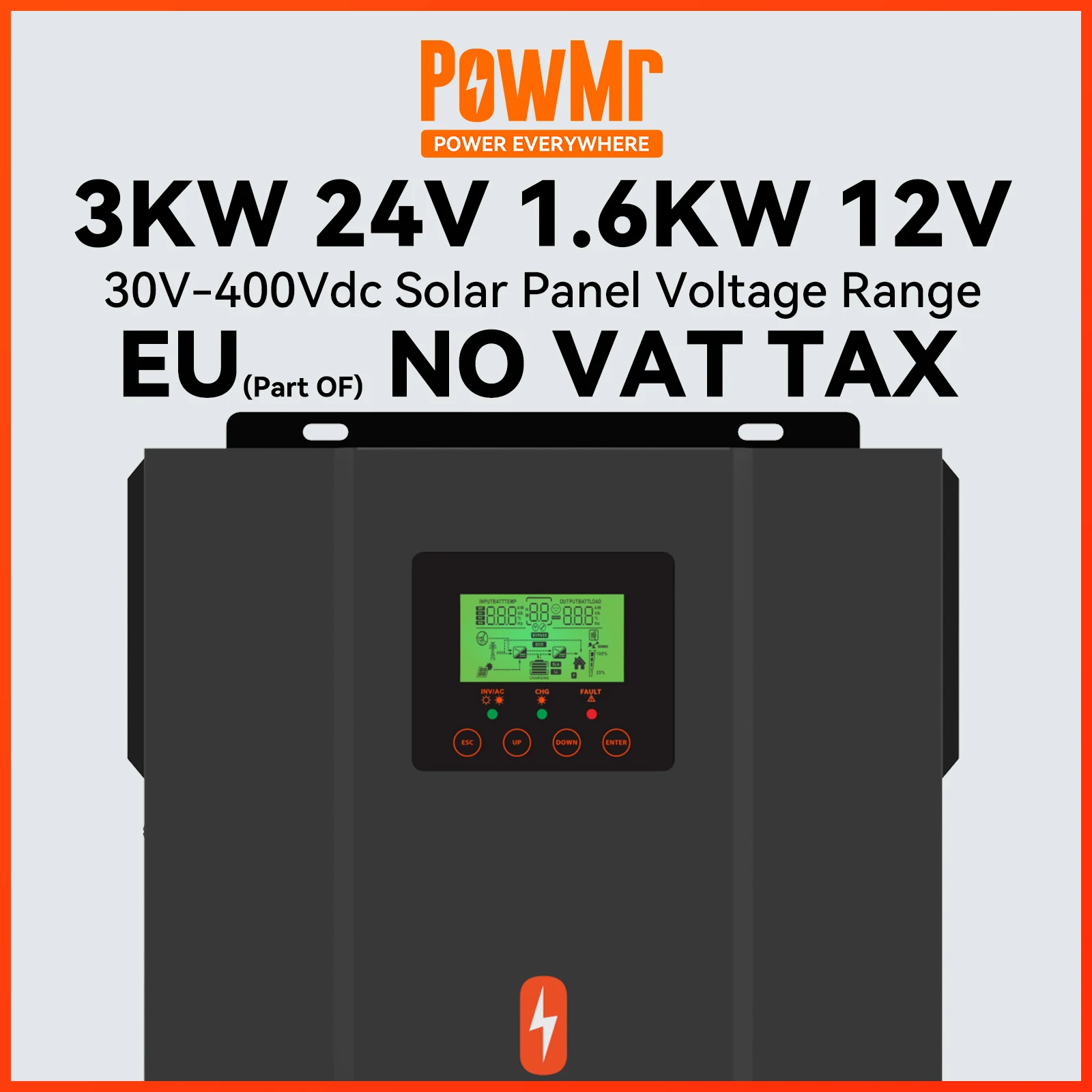 

PowMr 12V 24V 1.6/3KW MPPT Hybrid Solar Inverter 80A 220V 230V 240V OFF Grid Pure Sine Wave Inverter Max PV 2000W 3000W 30-400V
