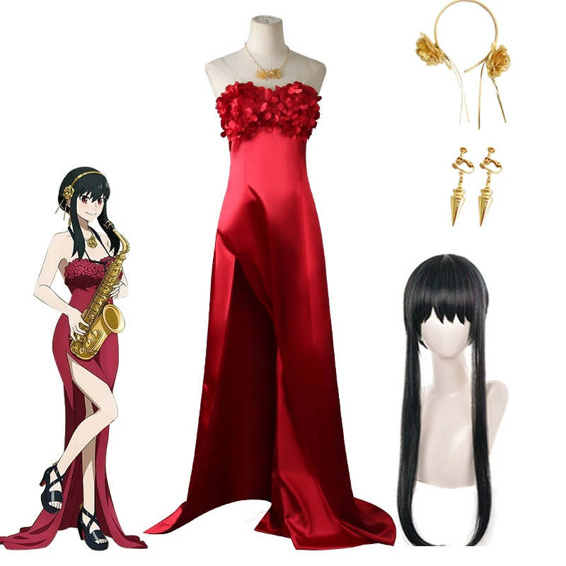 

Anime Spy X Family Yor Briar Cosplay Costumes Red Dresses Full Set and Wig for Women Halloween Party Stage Performance