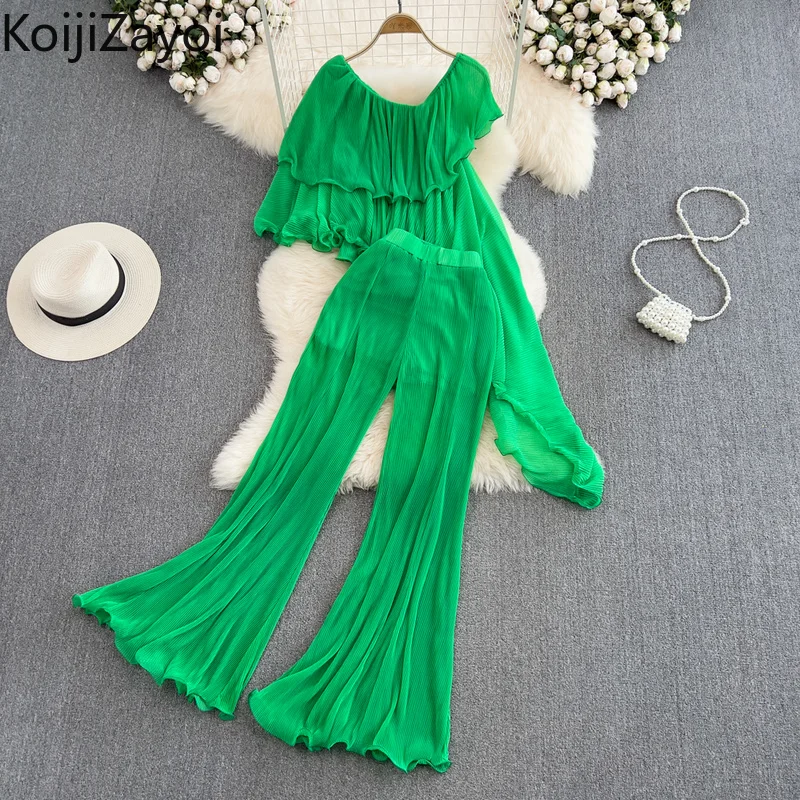 

Koijizayoi Fashion Women Two Pieces Set Summer Ruffles Solid Pant 2 Pieces Set 2022 New Chic Outfits Dropshipping Suit All Match