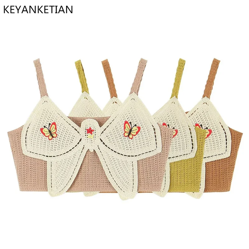 

KEYANKETIAN Summer New Butterfly Embroidery Hollowed Out Crochet Suspender Women's Holiday Style Tight Short Knitted Vest