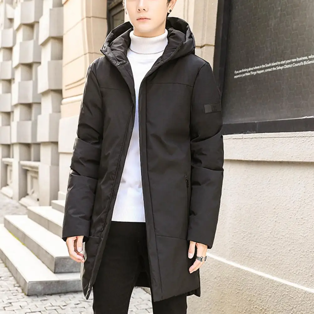 Men Winter Coat Thicken Mid Length Solid Color Padded Hooded Keep Warm Zipper Pockets Plus Size Winter Cotton Coat for Outdoor