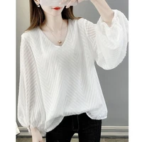 2022 spring new for women elegant v neck mesh flare long sleeve chiffon blouse oversize loose striped all match casual solid top