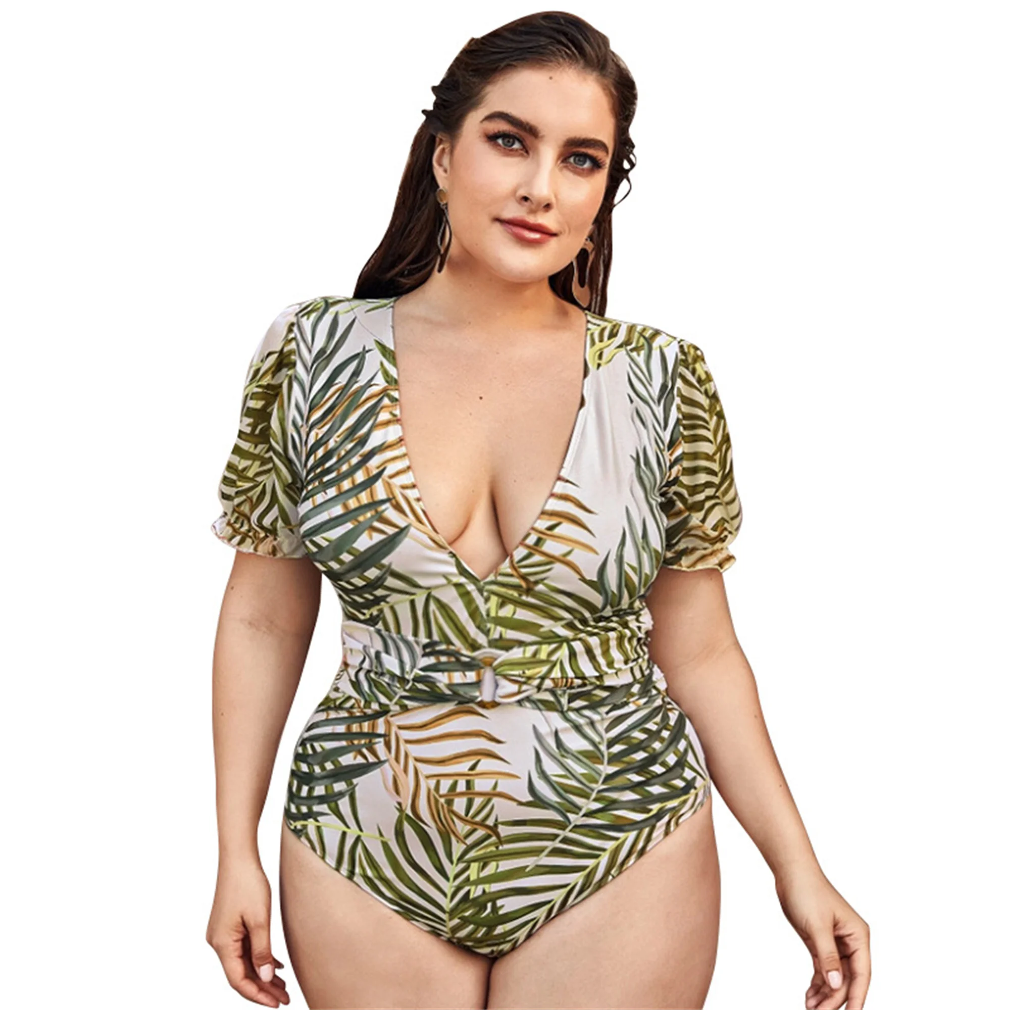 

Large Size Deep V Short Sleeve One Piece Swimsuit Botanical Pattern Breathable Quick Dry High Fork Swimwear Holiday Beachwear