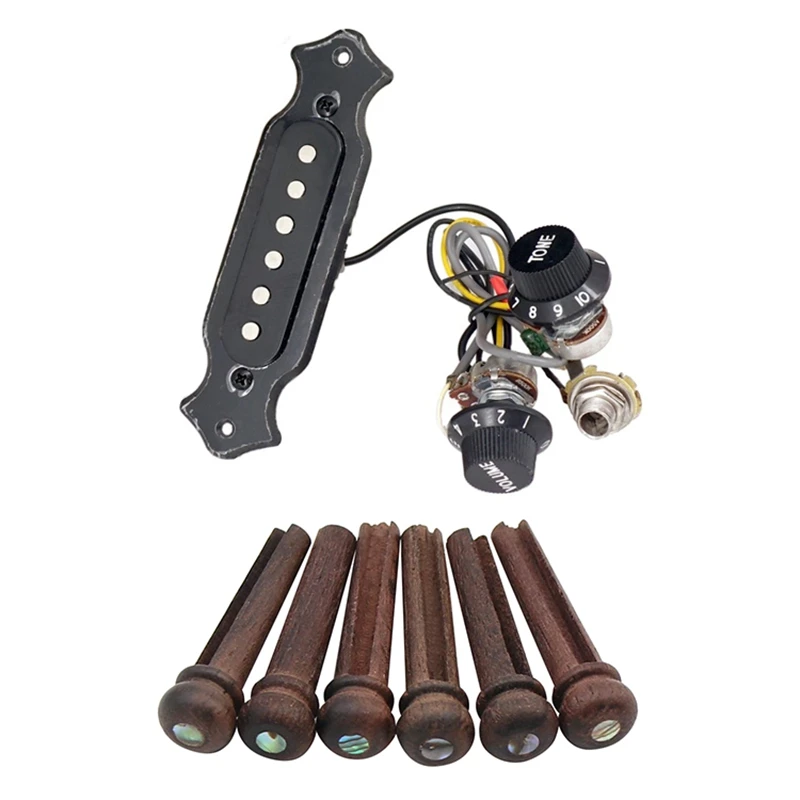 

1 Set MI0301 Prewired Guitar Sound Hole Pickup Wiring Harness & 6Pcs Wood Guitar Pins Strings Pegs Slotted Endpin
