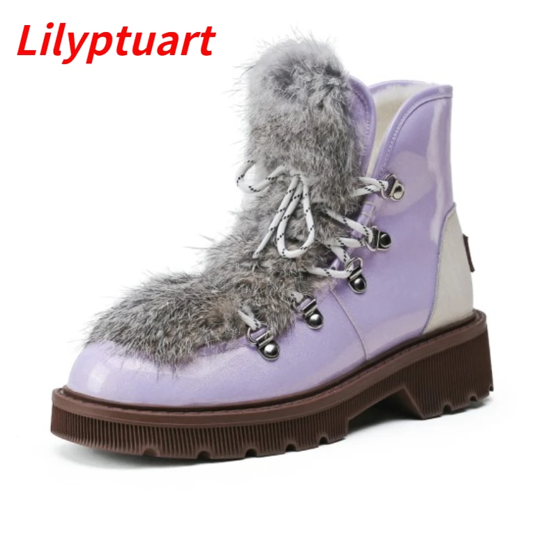 

LILYPTUART Ankle Boots Women Winter 2022 Fashion Warm Big Size Platform Snow Boots Sweet Lovely Rabbit Fur Patent Leather Shoes