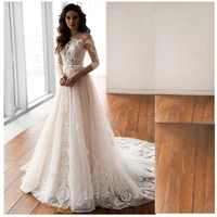 elegant lace appliques wedding dress a line 2022 boho tulle 34 sleeve bridal gown bow sweep train for bride vestidos de noiva