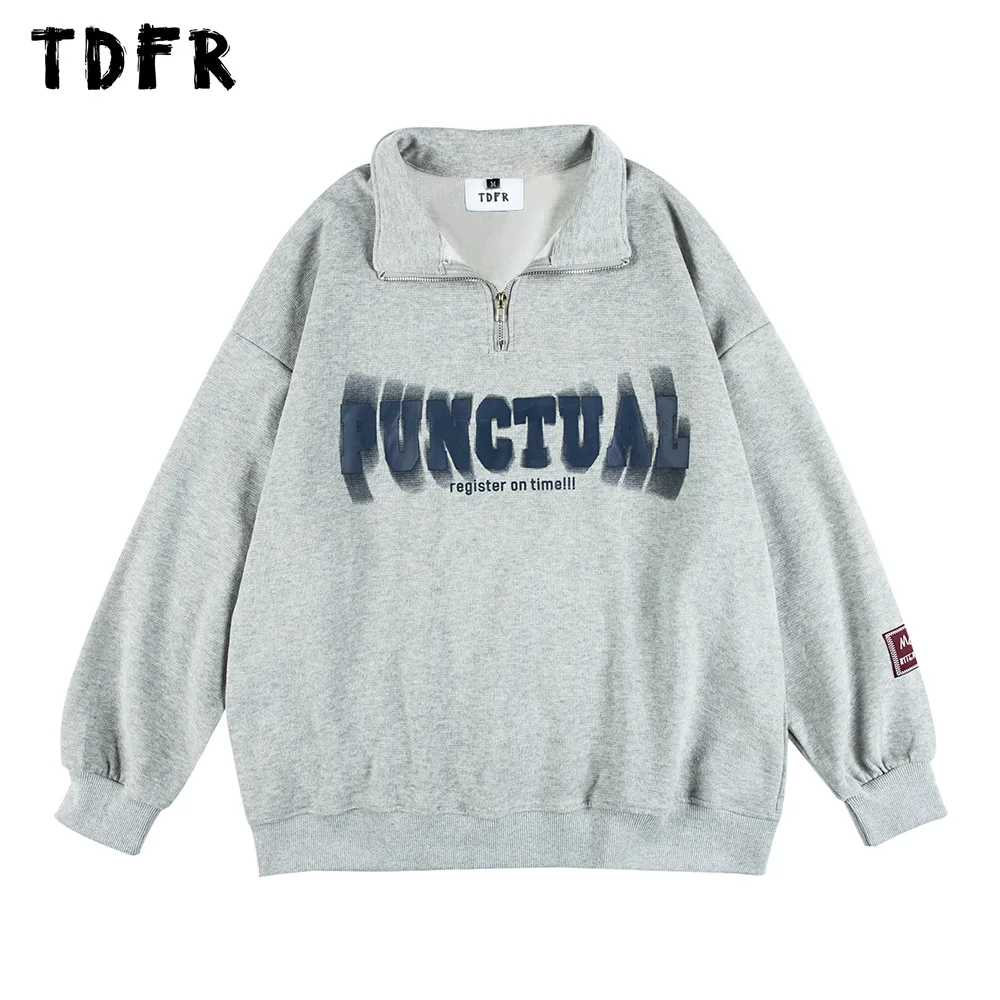 

Letter Print Sweatshirts Mens Autumn Winter Casual Streetwear Loose Half Zipper Lapel Long Sleeve Sweatshirts Men