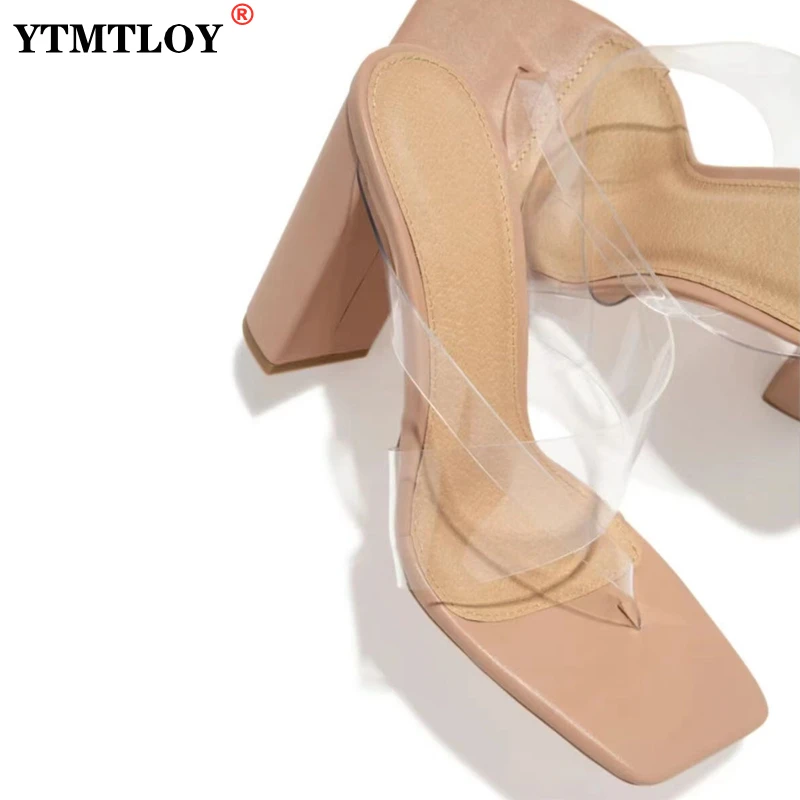 

Summer New Fashion Apricot Women Mules High Heels Slippers Sandals Sexy Square Open-toed Heel High Quality Shoes Size 43