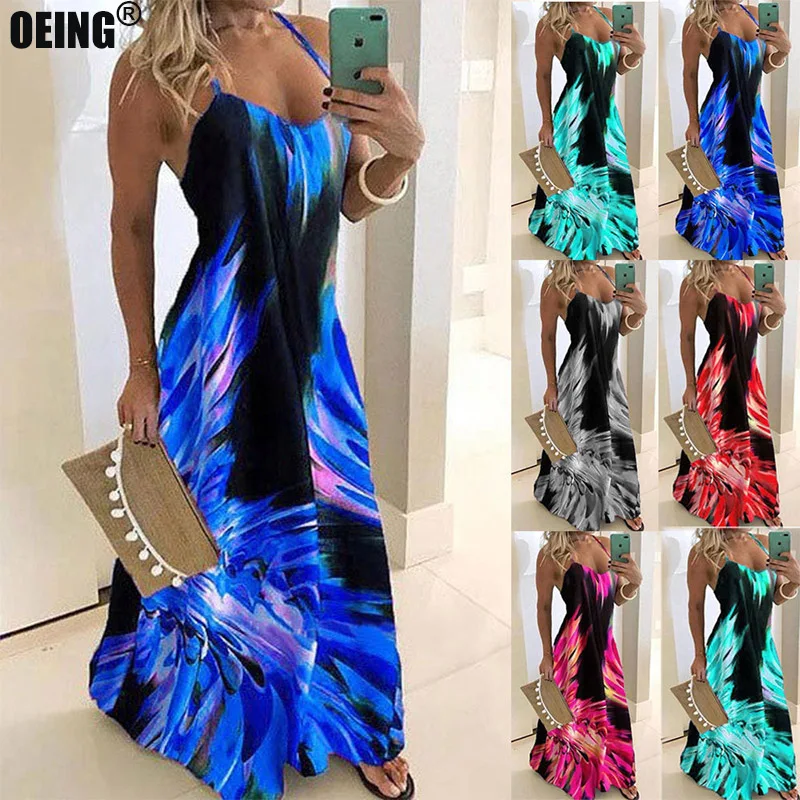 

Summer Bohemian Vintage Camouflage Printing Oversized Beach Slip Sleeveless Dresses for Women 2022 Slim High Waist Maxi Dress