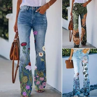 women casual skinny trousers with floral pattern vintage slimming elastic flared jeans wide leg long pants summer pantalon femme