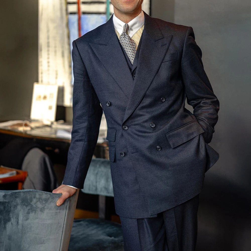 Темно-синий двубортный мужской костюм деловой свадебный смокинг для жениха