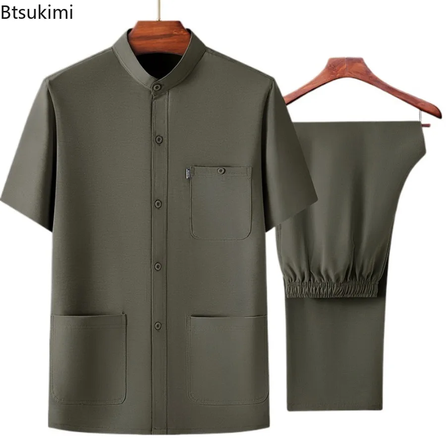 Мужская летняя рубашка со стоячим воротником и короткими рукавами брюки