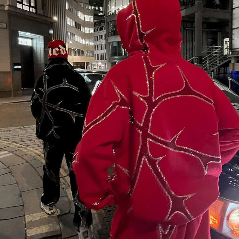 

Rhinestone Print Hoodies Men Women Hip Hop Long Sleeve Zipper Jacket Coats Y2K Harajuku Oversized Hooded Sweatshirts Pants Suit