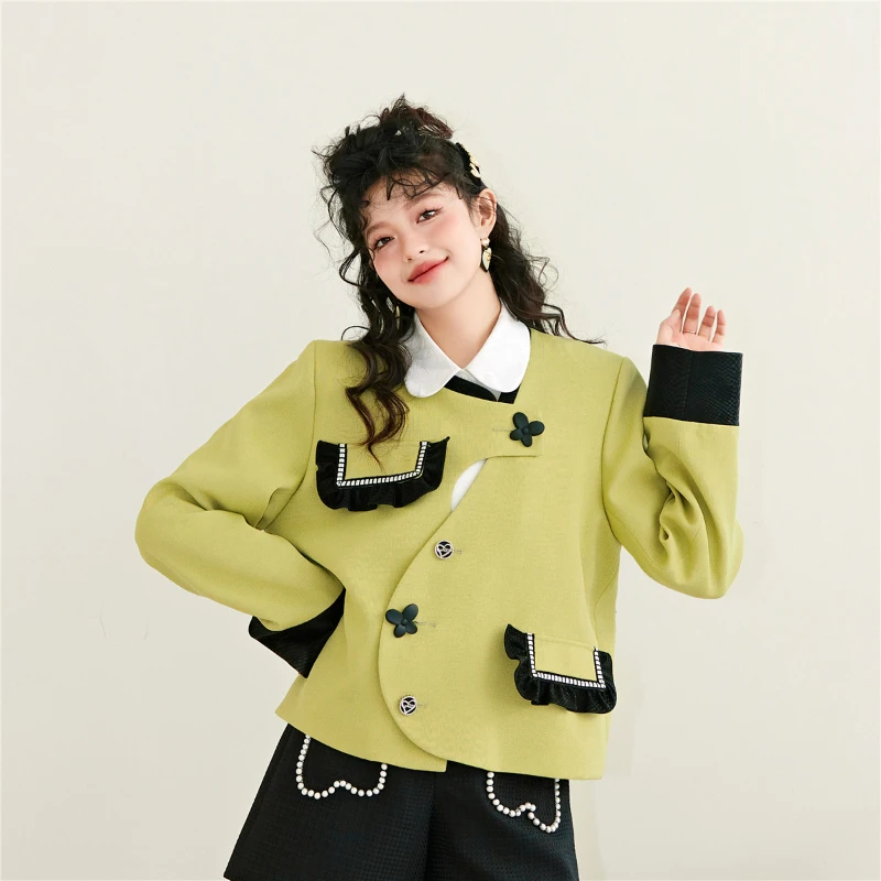 

2023 Women Jacket Female Clothing Korean Reviews Many Clothes Statue Outer Stylish and Warm Autumn Oblique Placket Ruffle Coat