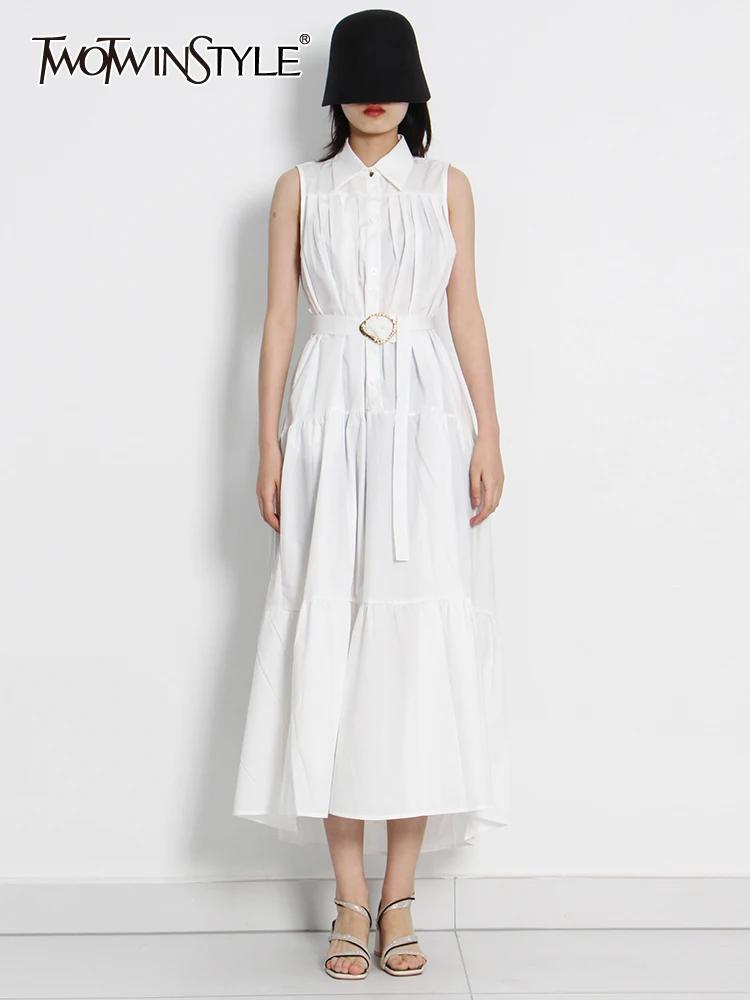 

TWOTWINSTYLE White Dress For Women Lapel Sleeveless Patchwork Folds Sashes Lace Up Dresses Female 2022 Summer Fashion Clothing