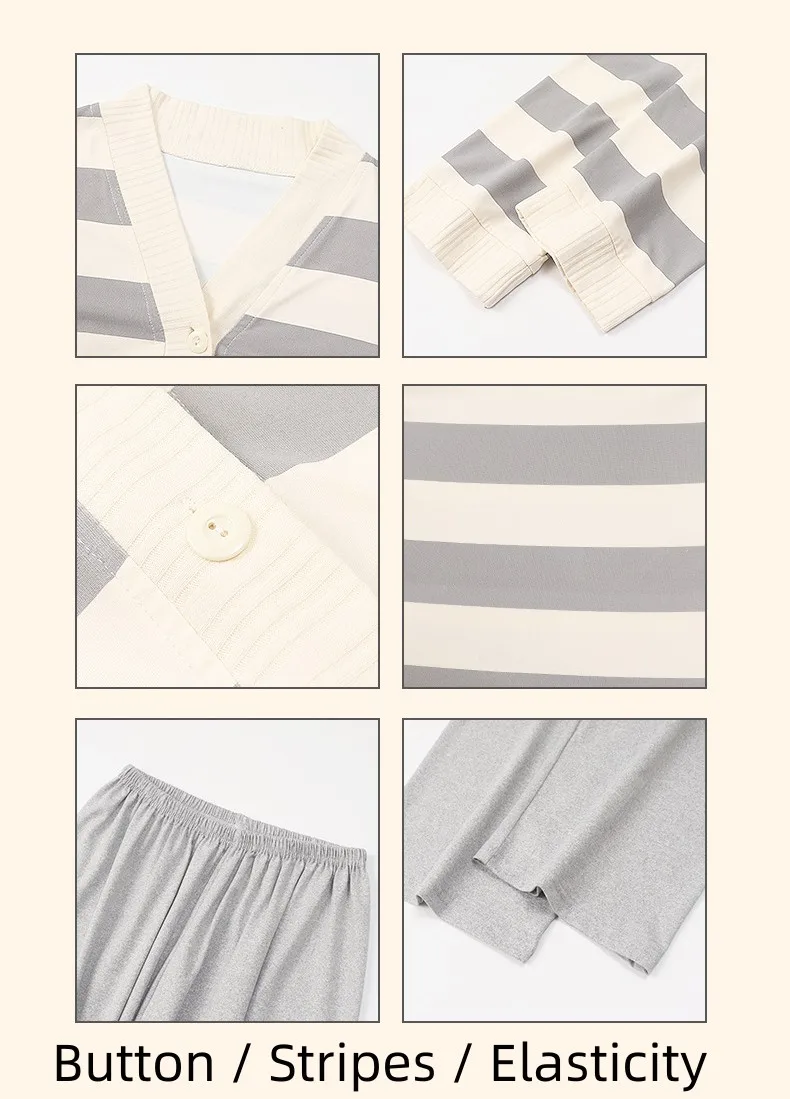 Yasuk Spring Autumn Fashion Women Casual Soft Stripes Sleepwear Homewear Pajamas With Pants Simple Elasticity Cotton