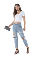 vintage loose jeans ladies summer new ripped high waist denim cross pants trousers washed distressed hole denim trousers jeans