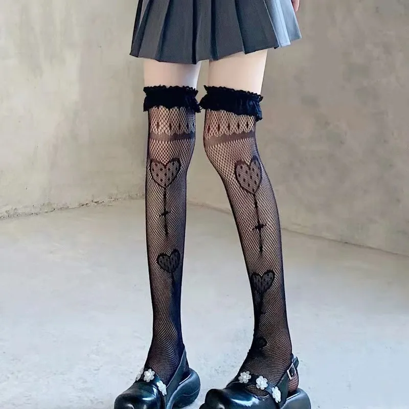 

New Black White Lace Top Lolita Heart Lollipop Print Thigh High Over Knee Long Socks JK Gothic Women Sexy Fishnet Mesh Stockings