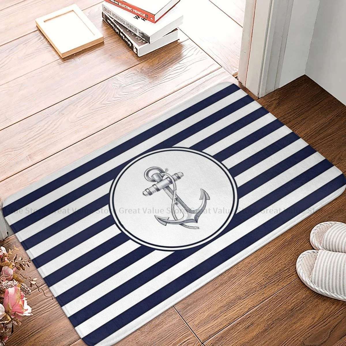 

Nautical Anchor Non-slip Doormat Navy Blue Stripes Bath Bedroom Mat Outdoor Carpet Flannel Pattern Decor