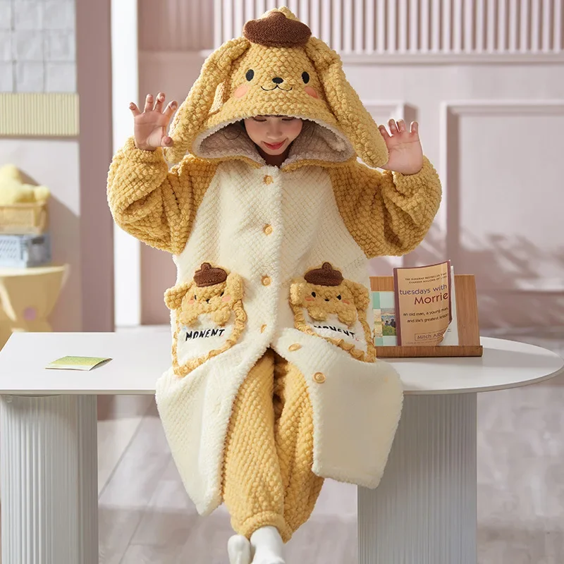 Kawaii фланелевые пижамы для мамы и детей Sanrio Melody Pochacco Cinnamoroll Kuromi теплый халат с 3d