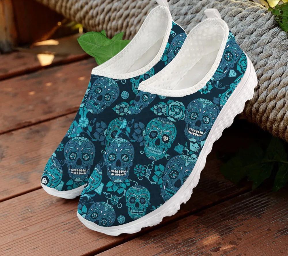 

ELVISWORDS Sugar Skull Print Women Flats Shoes Summer Female Air Mesh Sneakers Slip on Girls Sport Shoes Comfort Breath Non-slip