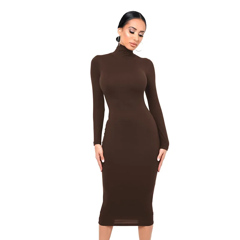 Winter Black Turtleneck Sexy Women Dress Autumn Long Sleeve Skinny Casual Blue Plush Knee-Length Party Club Arm Skirt