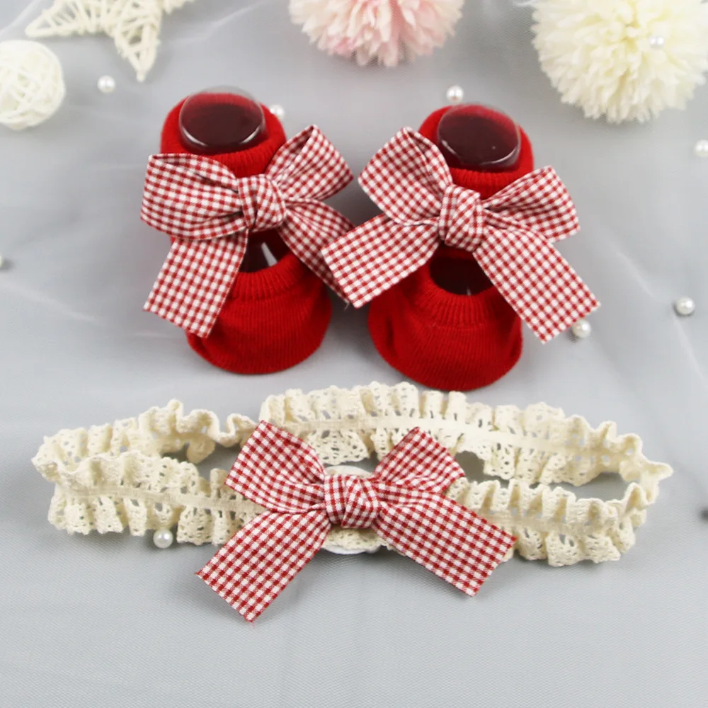 

2Pcs/Set Lace Polka Dot Baby Girl Headband Socks Sets Plaid Bows Newborn Hair Band Foot Socks Photo Props Baby Hairs Accessories
