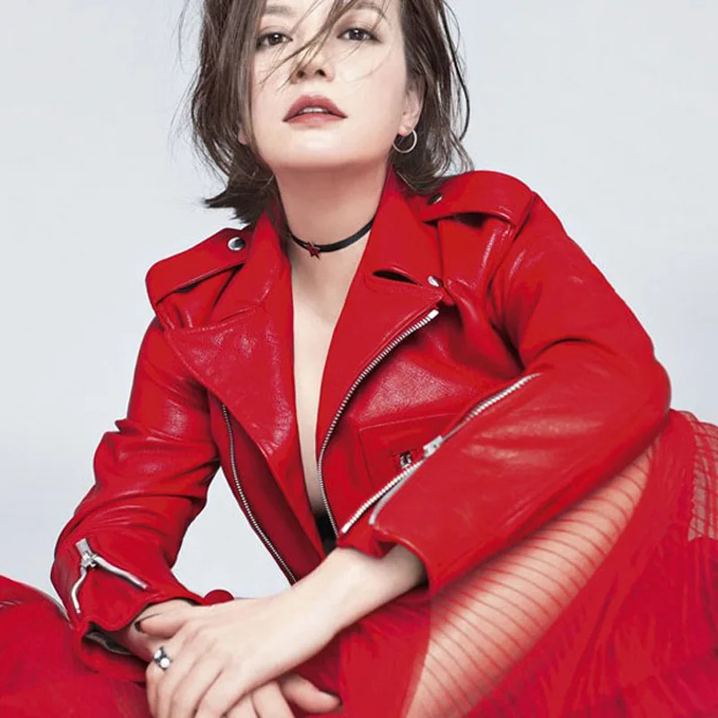 2023 Spring and Autumn lapel women's washed leather coat red short motorcycle suit leather jacket casual coat