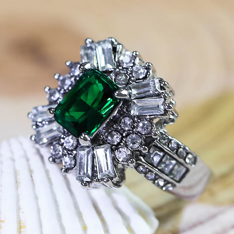 Роскошные квадратные зеленые стеклянные заполненные кольца для женщин
