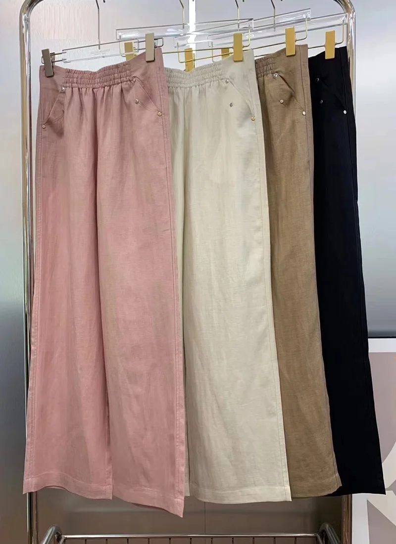 

High Quality New Women's Pant 2023 Summer Trousers Ladies Elastic Waist Studs Pocket Patchwork Full Length Cotton Linen Pants