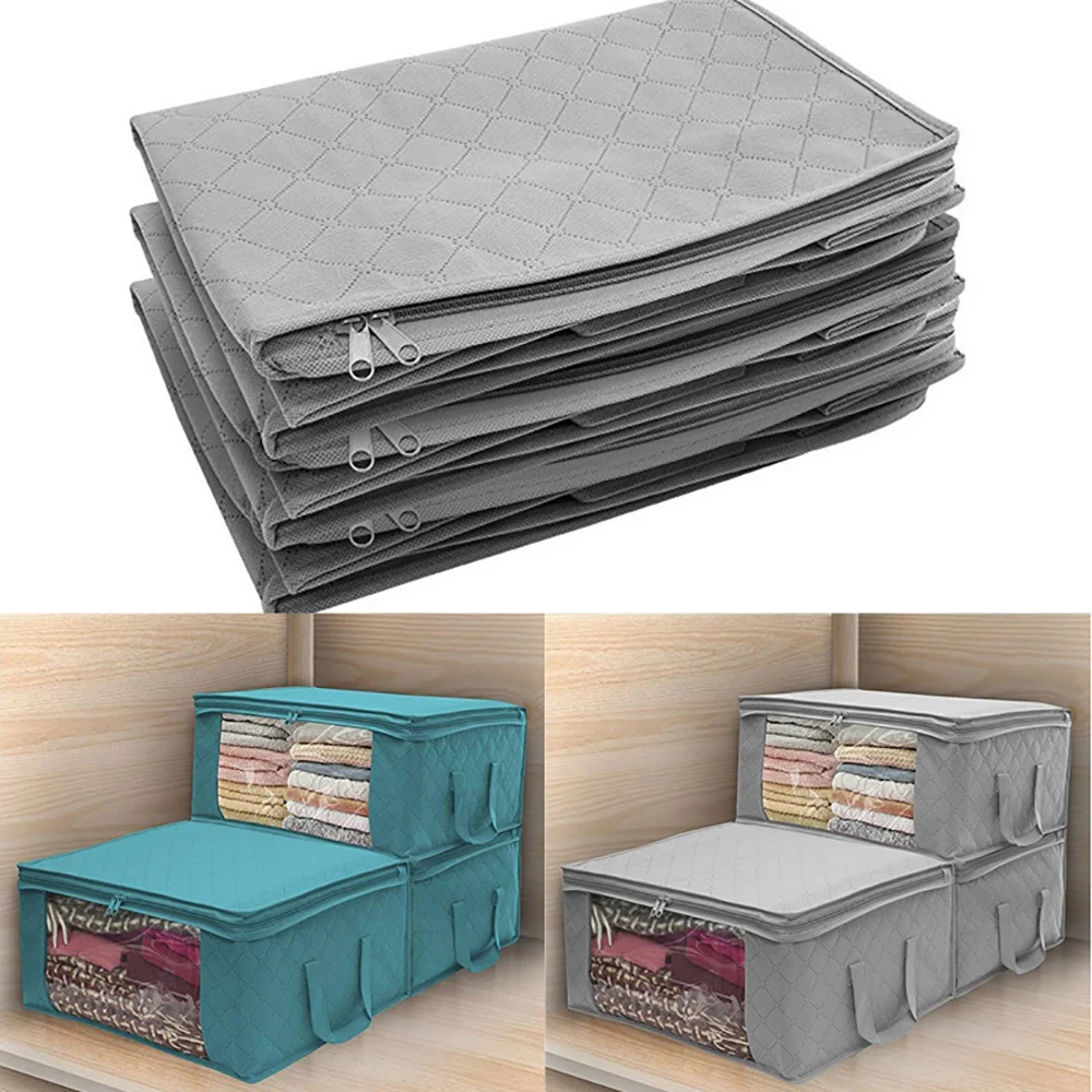 

Storage Bags Non-woven Blue/Grey Foldable Clothes Quilt Blanket Bamboo Storage Bag Charcoal Organizer Zip Closure