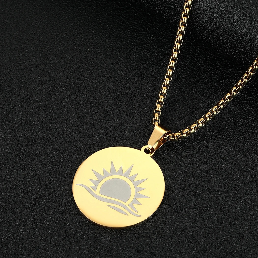 

CHENGXUN Sunshine Necklace for Women Men Sun Rays Coin Pendant Stainless Steel Engraved Sunrise Charm Chain Jewelry Gift