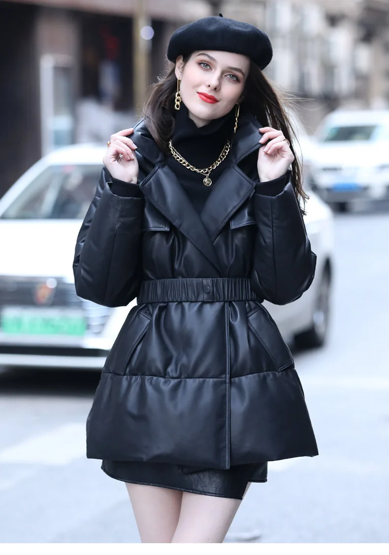 2022 Winter New High Quality Real Leather Down Jacket Women's Medium Length Slimming Warm Overcoat Thicken Snowwear Solid Black
