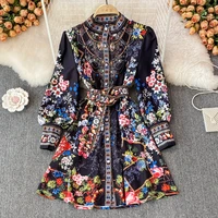 2022 autumn retro palace style bubble long sleeved printed stand up collar single breasted waist slimming a line dress