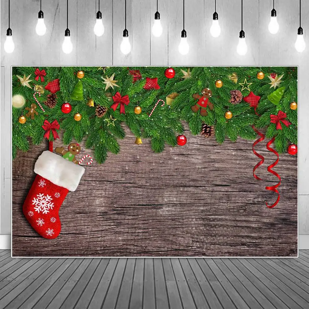 

Pine Leaves Cones Gifts Sock Wooden Board Planks Christmas Photography Backgrounds Custom Baby Party Decoration Photo Backdrops