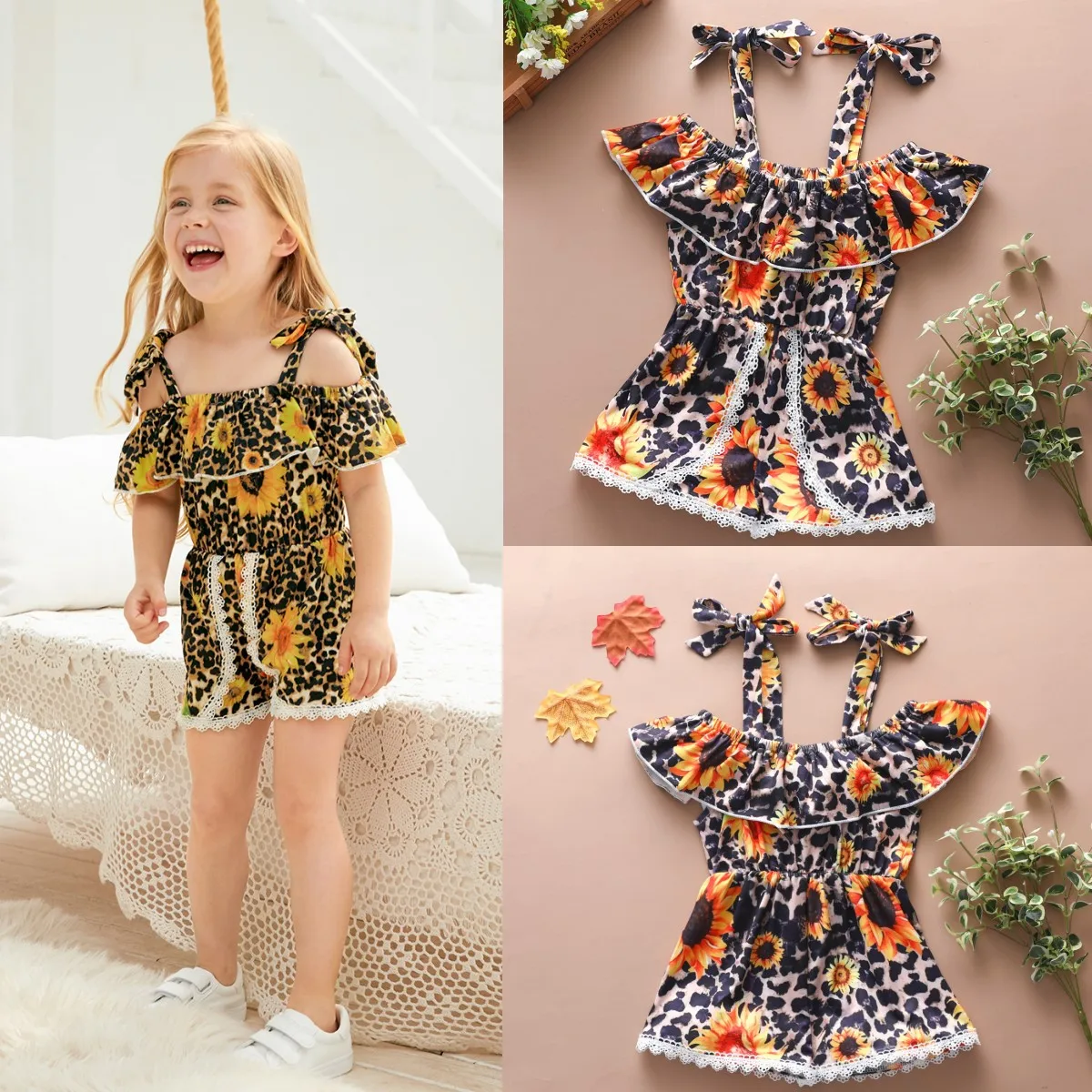 

Summer Baby Girl Clothes SUNFLOWER Strap Lace Jumpsuit Wholesale Leopard Print Background Color Random