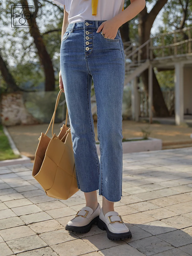 ZIQIAO Japanese Light High Waist Cropped Shrink Jeans Office Lady Multi-Button Cotton Stretch Jeans Denim Blue Ankle-Length Pant