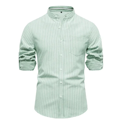 Рубашка AIOPESON Мужская однотонная в полоску, белая сорочка с одним карманом, воротником-стойкой, с длинными рукавами, весна