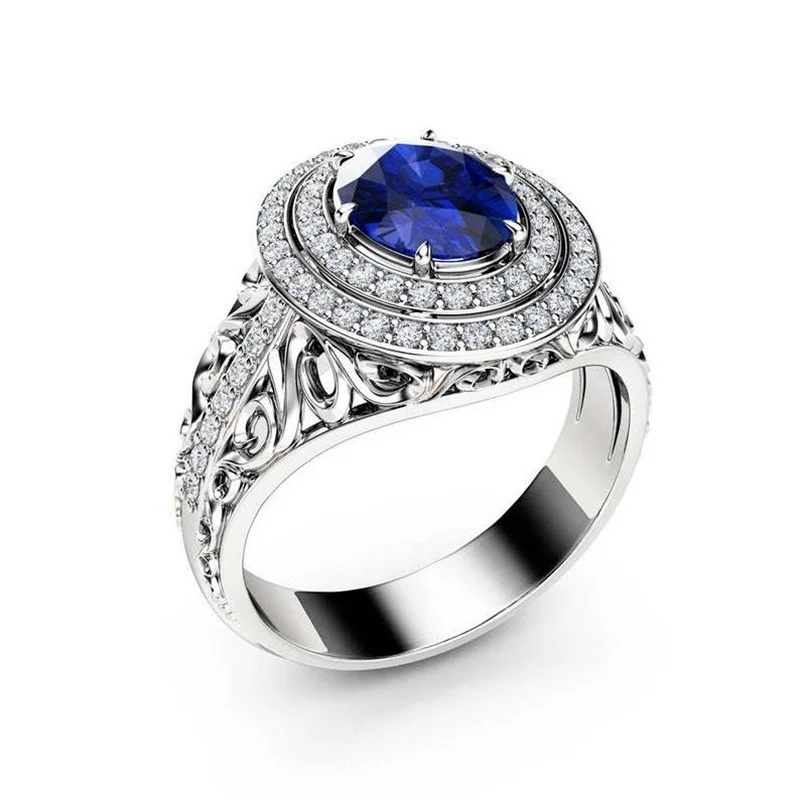

Fashion geometry women's hollow round full diamond luxury blue gem ring