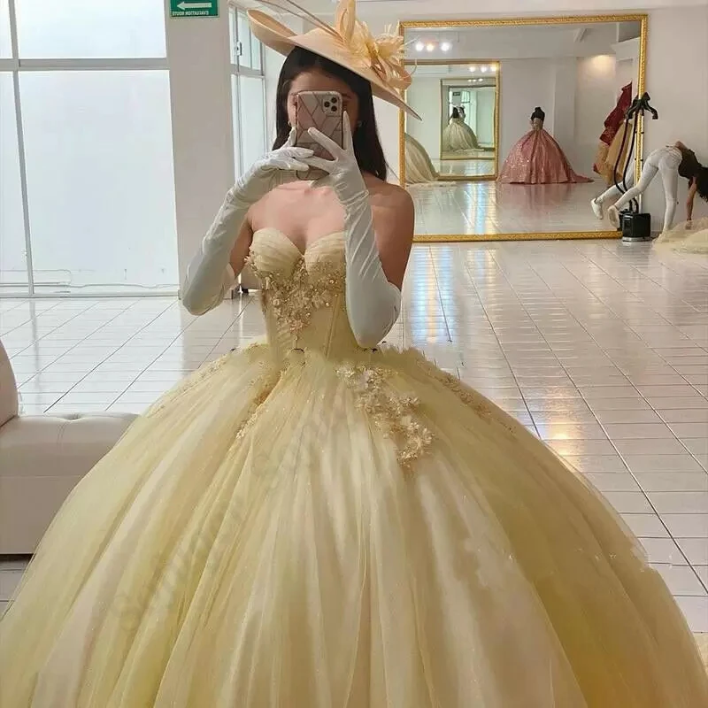 

Yellow Tulle Evening Dress Strapless Sweetheart A Line Homecoming Party Prom Puffy Vestidos De Fiesta Formal Special Occasion