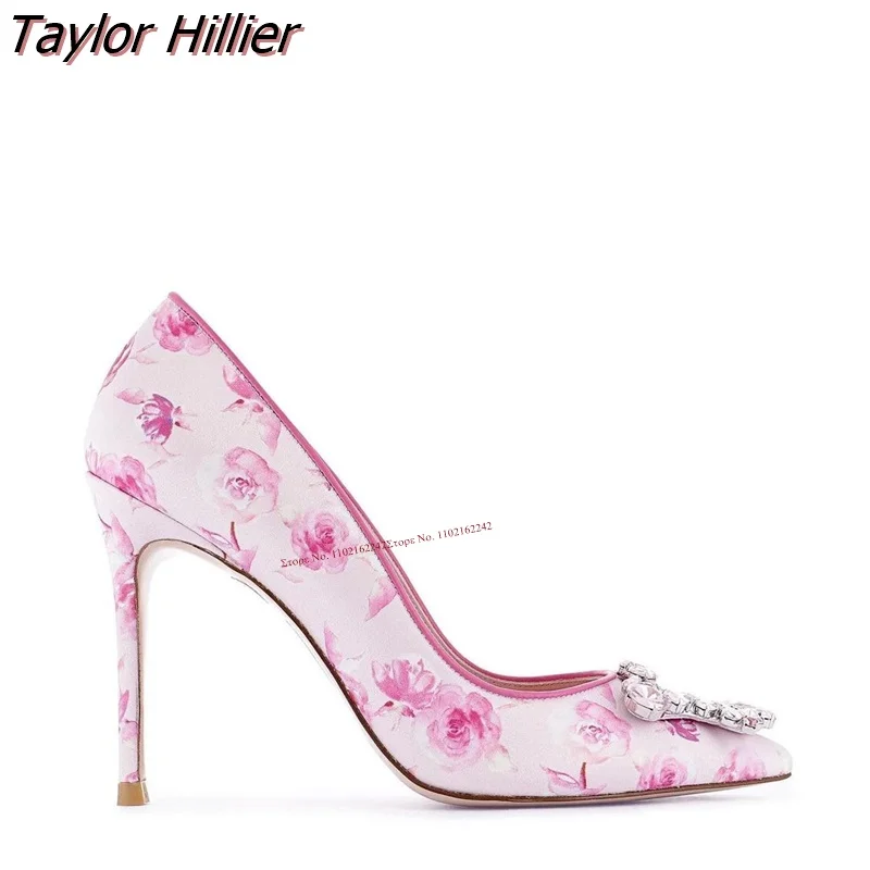 Новые туфли-лодочки с розовым принтом острым носком на шпильке закрытым для