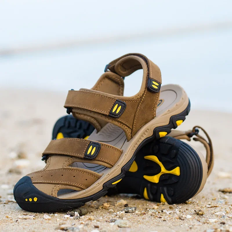 Новые модные летние уличные пляжные дышащие мужские сандалии из натуральной