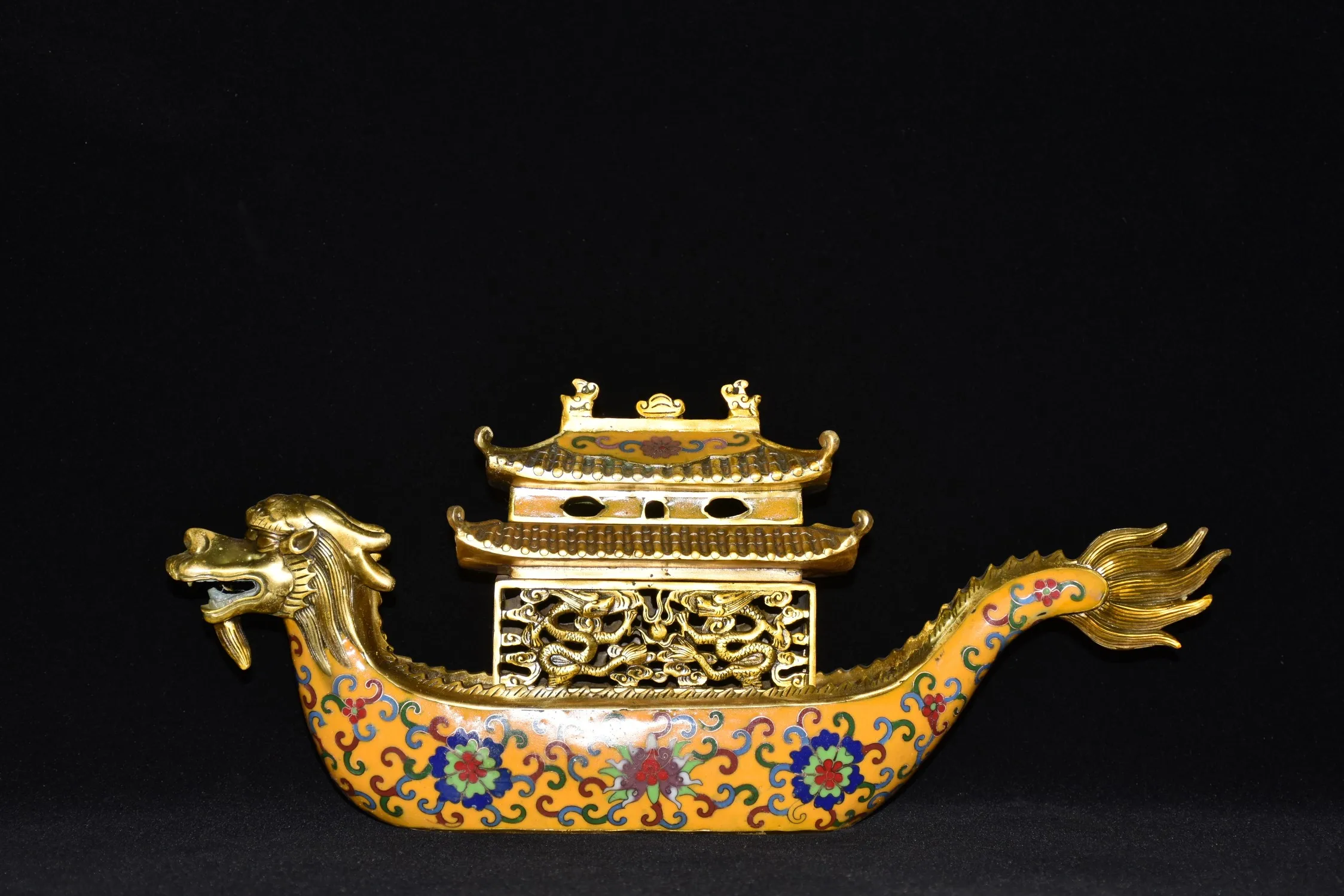 

18"Tibet Temple Collection Old Bronze Cloisonne Enamel Flower texture Dragon-Boat incense burner Office Ornaments Town house