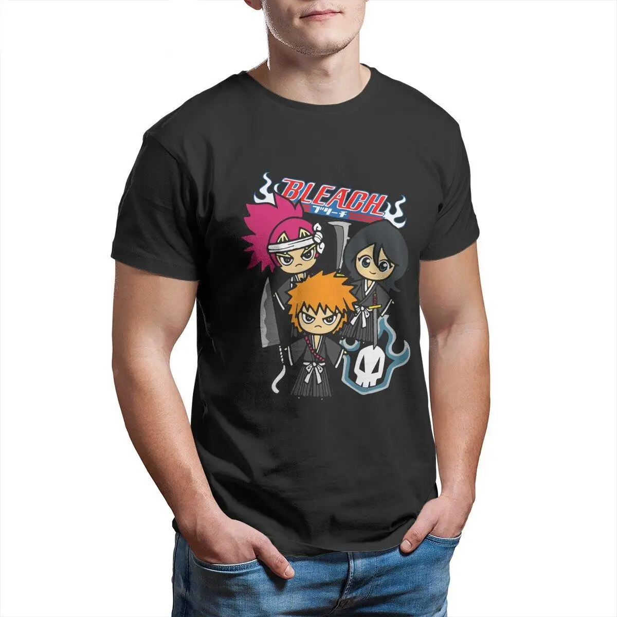 

Men T-Shirts Cute Bleach Anime Hipster Cotton Tees Short Sleeve Kurosaki Ichigo Renji Cartoon T Shirts O Neck Tops 6XL